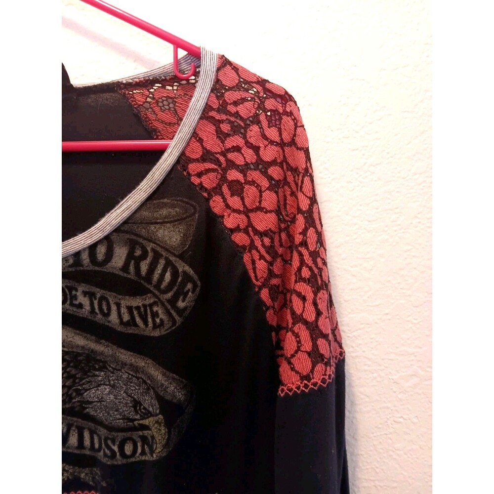 Harley-Davidson Women's Colorblock Raglan Top Coral Lace Eagle Live To Ride Sz L - Picture 3 of 10